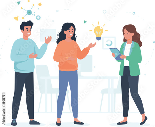 Diverse business team brainstorming and generating new creative ideas around a lightbulb.