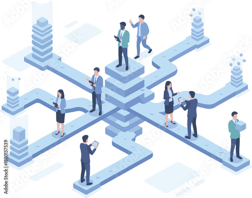 Professional team discussing business strategy and sharing innovative ideas in a modern office.