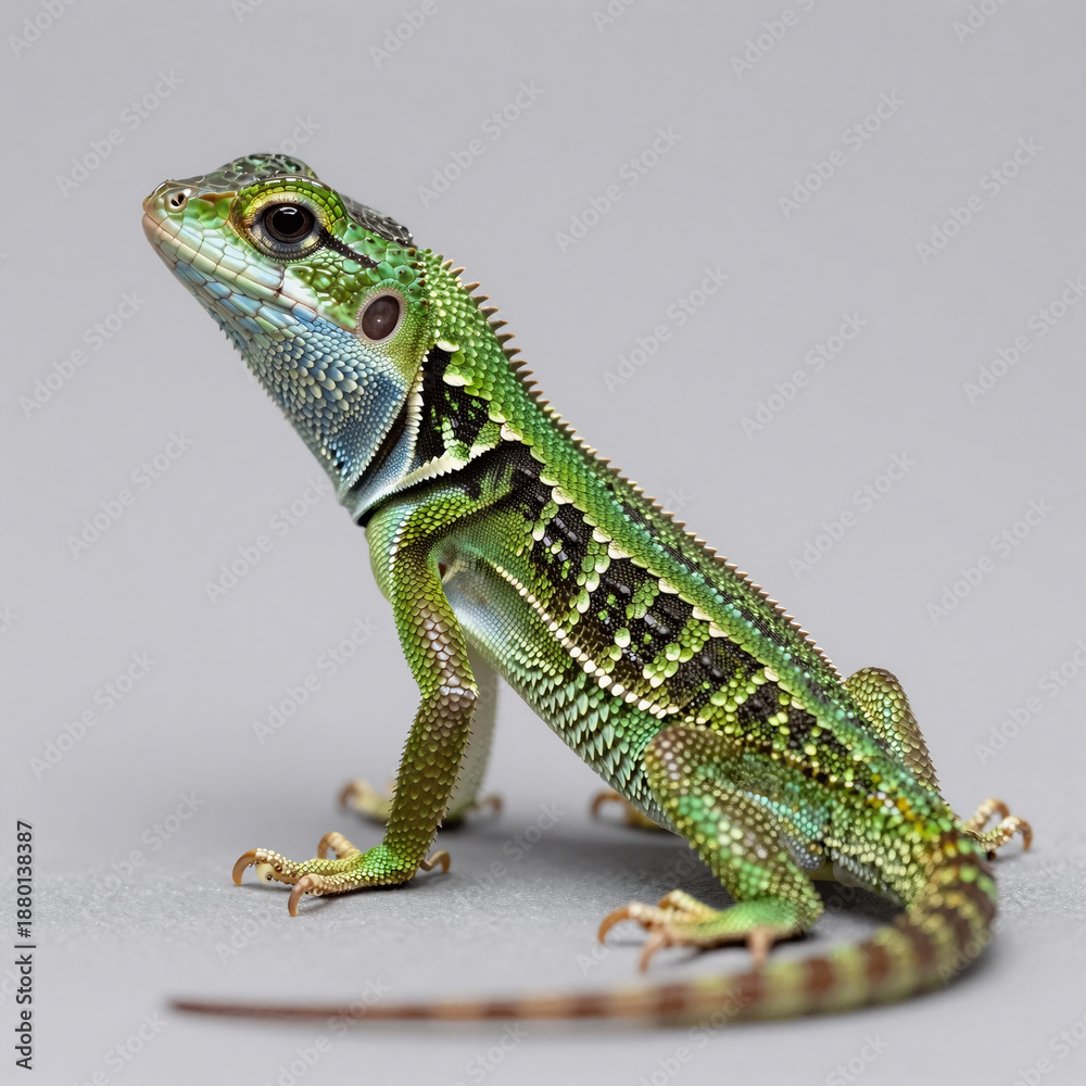 Fototapeta premium Simple, side-view illustration of a green lizard with black eye and spot
