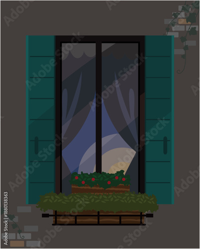 夜の静けさが漂う灯りの灯る窓辺のイラスト/Illustration of a lit window with a quiet night sky