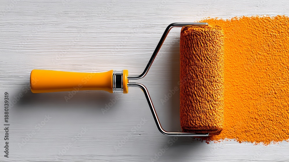 Obraz premium A paint roller with a yellow handle is on a wooden surface. The roller is filled with paint and is being used to paint a wall. Concept of creativity and productivity