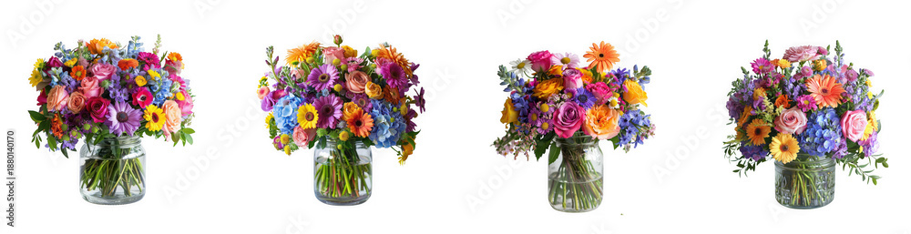 Obraz premium Four vibrant bouquets of colorful wildflowers in glass jars presented in a row on transparent background
