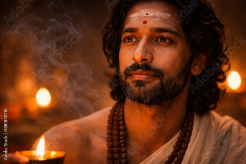 Indian man with tilaka and rudraksha beads celebrating Maha Shivaratri with oil lamps and incense in a temple.