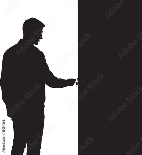 Silhouette of a Man Opening a Door with a Key, Security, Unlocking and Entering Home Concept