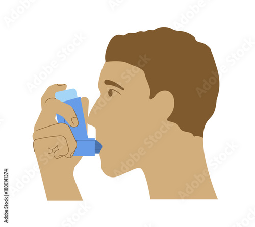 Man using asthma inhaler, flat minimalist graphic.