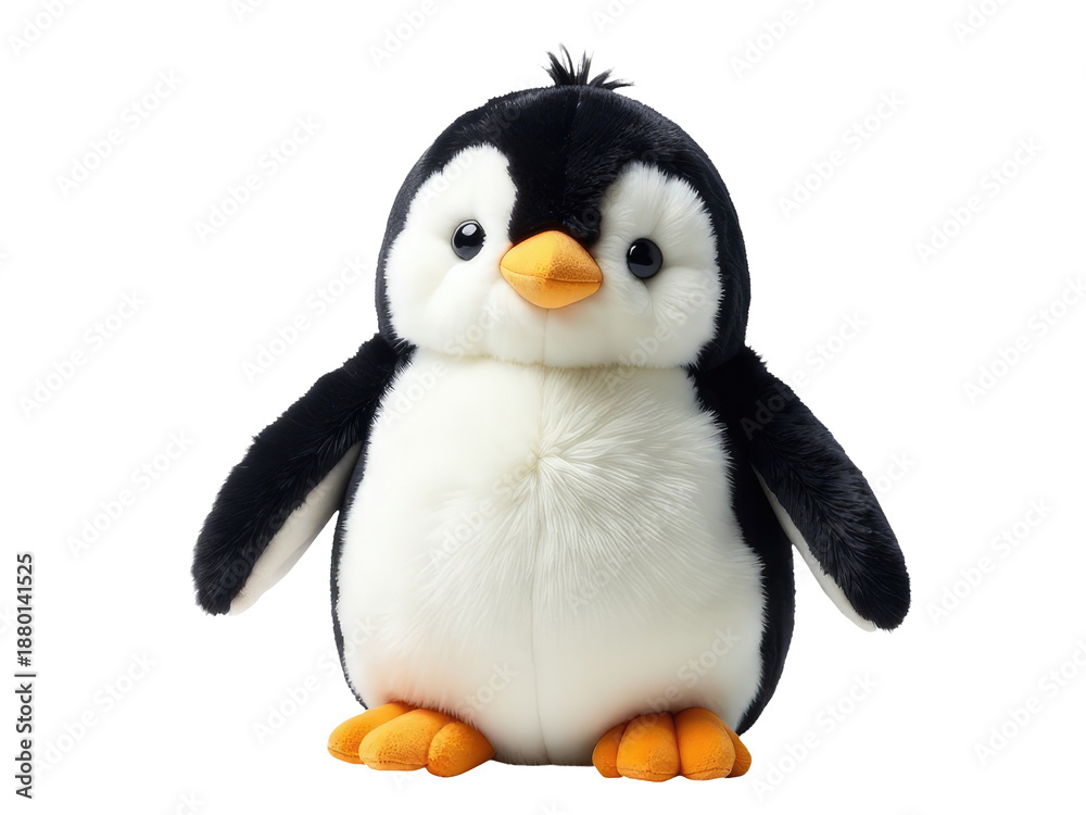 Fototapeta premium A cuddly plush toy penguin sitting on a clean and plain white surface