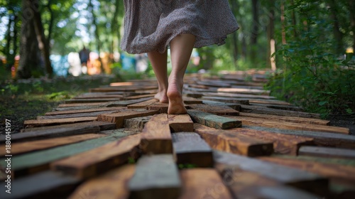A woman strolls barefoot on a wooden eco path in the park promoting foot health and relieving stress through natural reflexology