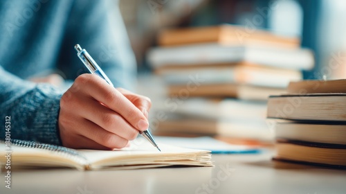College student studying English literature in class with books for an exam focusing on education and scholarship