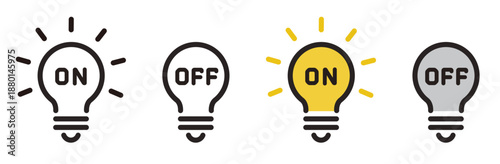 電球アイコン。ONとOFF。節電、省エネ、電気代のアイコン。