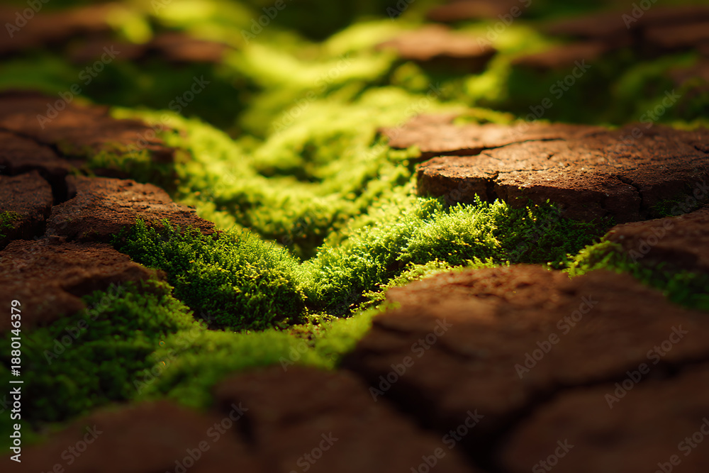 Fototapeta premium nature-inspired art, dry cracked clay with fresh green moss, an earthy contrast, natural window light, creating depth and ample negative space