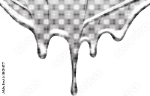 Pop art halftone vector illustration of black paint or liquid dripping from above with a dark spotted texture on gray