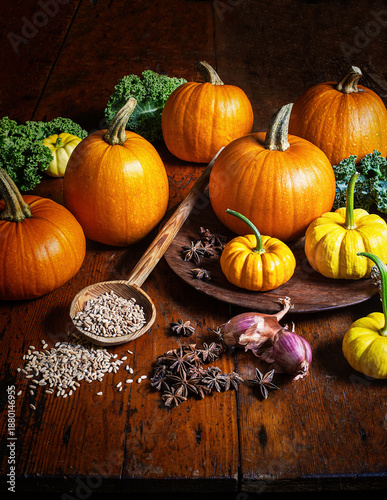Cooking pumpkins in the kitchen with ingredients