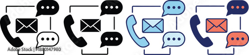Communication icons set showing phone, email and chat messages for customer support, contact center, messaging workflow and modern business interaction concepts