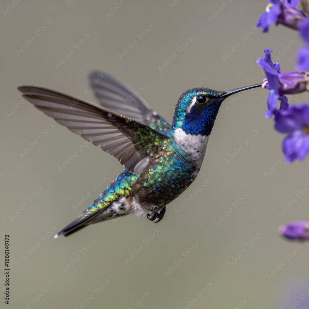 Fototapeta premium Blue hummingbird feeding on a purple flower, isolated with blurred background