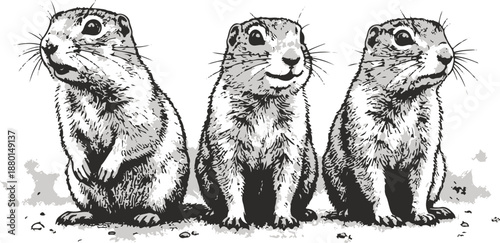 Three Prairie Dogs Black and White Engraving Illustration