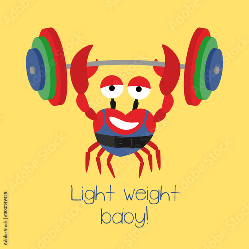 Heart-shaped romantic athletic crab bodybuilder doing barbell static overhead hold. Crab powerlifter lifts barbell to overhead vector illustration. Light weight baby! Poster, logo, print for clothes. 