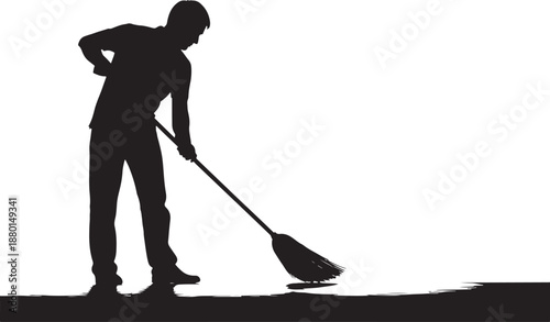 Silhouette of a Man Sweeping the Ground with a Broom, Cleaning and Maintenance Work