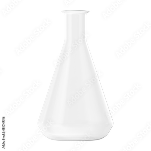 Clear glass Erlenmeyer flask isolated on a white background for laboratory use