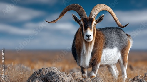 A goat with long horns stands in a field. The goat is brown and white, and it has a curious expression on its face. Concept of wildness and freedom