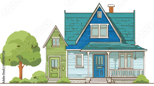 Modern Blue and Green House with Additional House on Top - Vector Illustration