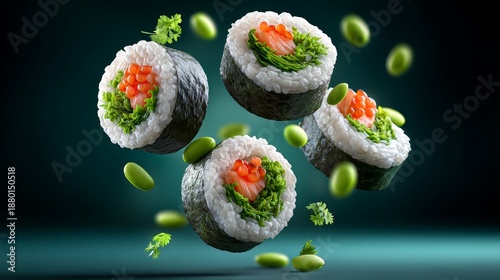 A close up of four sushi rolls with beans on top. The rolls are in the air, giving the impression of them being thrown or tossed