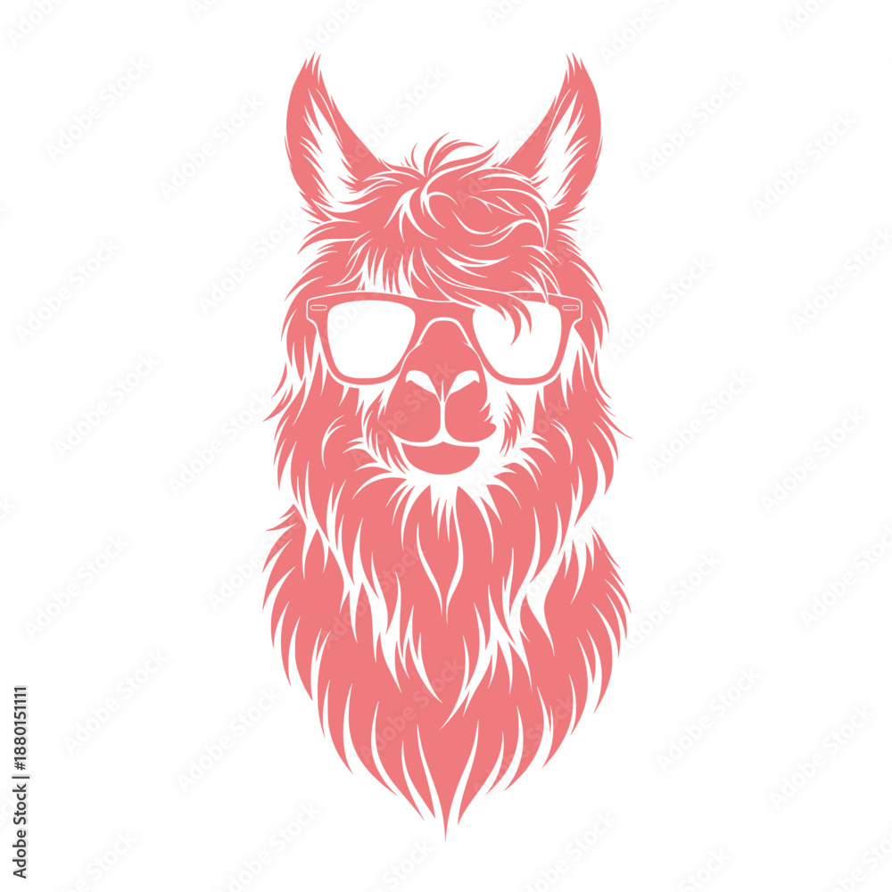 Fototapeta premium stylized pink llama face illustration wearing sunglasses isolated on white background, modern pop animal design concept.