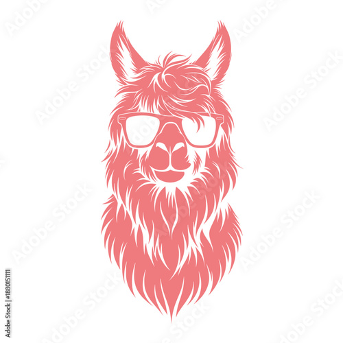 stylized pink llama face illustration wearing sunglasses isolated on white background, modern pop animal design concept.