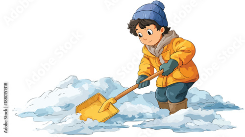 Young Boy Removing Snow with Shovel Vector Outline Illustration