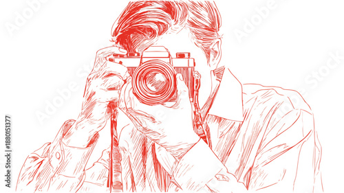 Young Boy Capturing Picture with Camera Vector � Isolated Outline