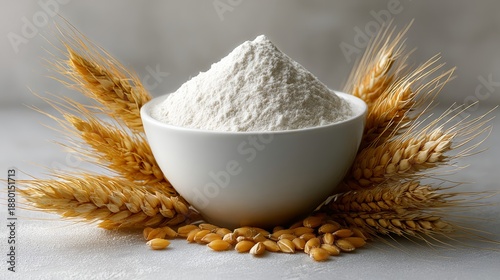A bowl of flour is surrounded by wheat. The bowl is white and the wheat is golden. The bowl is filled with flour and the wheat is scattered around it © Nataliia_Trushchenko