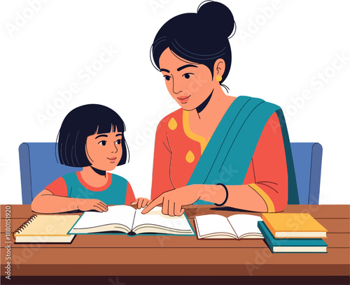 Indian Mother Teaching Child at Home Flat Vector Illustration of Family Education Parenting and Home Learning in India