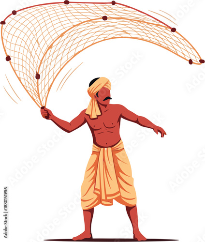Indian Fisherman Throwing Fishing Net Flat Vector Illustration of Traditional Coastal Livelihood and Manual Labor in India
