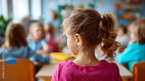 Wallpaper Mural Portrait of little girl sitting in front of classmates, faceless young student, back to school concept, learning environment, classroom setting, defocused peers behind, with copy s Torontodigital.ca