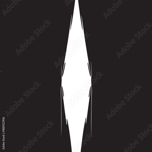 Abstract black and white geometric silhouette of a vertical opening or light rift, minimalist design element.