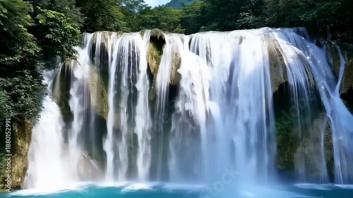 Wallpaper Mural Breathtaking Waterfall Cascading Into Crystal Clear Pool Surrounded by Lush Greenery. Seamless looping 4k video background  Torontodigital.ca