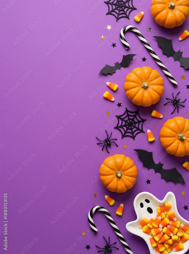 Fototapeta premium A vertical festive Halloween background featuring candy, pumpkins, and spooky decorations on a purple surface