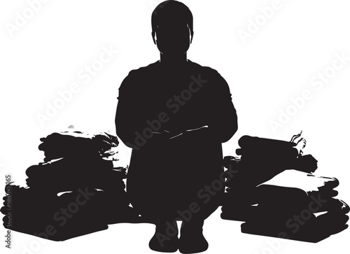 Black silhouette of a woman sweeping the floor with a traditional broom and dustpan, household cleaning and maintenance.