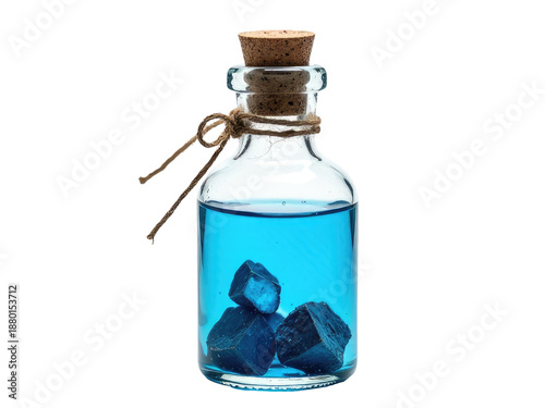 Glass bottle filled with blue liquid and rocks, possibly chemical or laboratory specimen