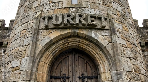 Ancient Stone Turret Entrance with Large Wooden Doors and Gothic Archway.