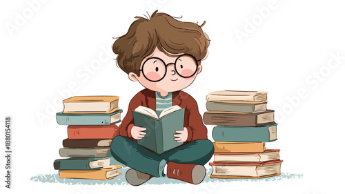 Young Smiling Boy Enjoying Reading Books, Cartoon Character Design with Outline on White Background