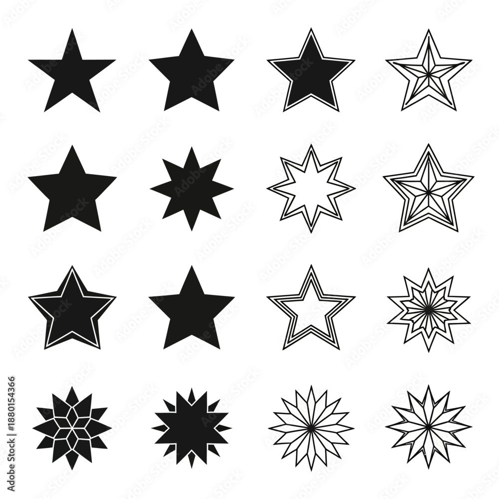 Fototapeta premium Collection of diverse star shapes and designs in black and white