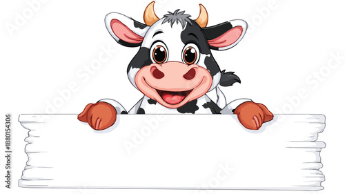 Adorable Cartoon Cow Holding Blank Sign for Messages, Illustration Isolated on White Background