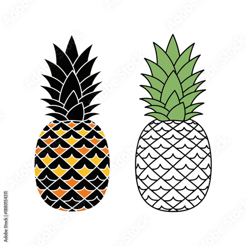 Vibrant and stylized pineapple illustrations: a comparative display of colorful and monochromatic designs