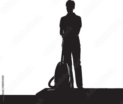 Silhouette of a person standing with a vacuum cleaner, professional cleaning service or routine household housekeeping concept.