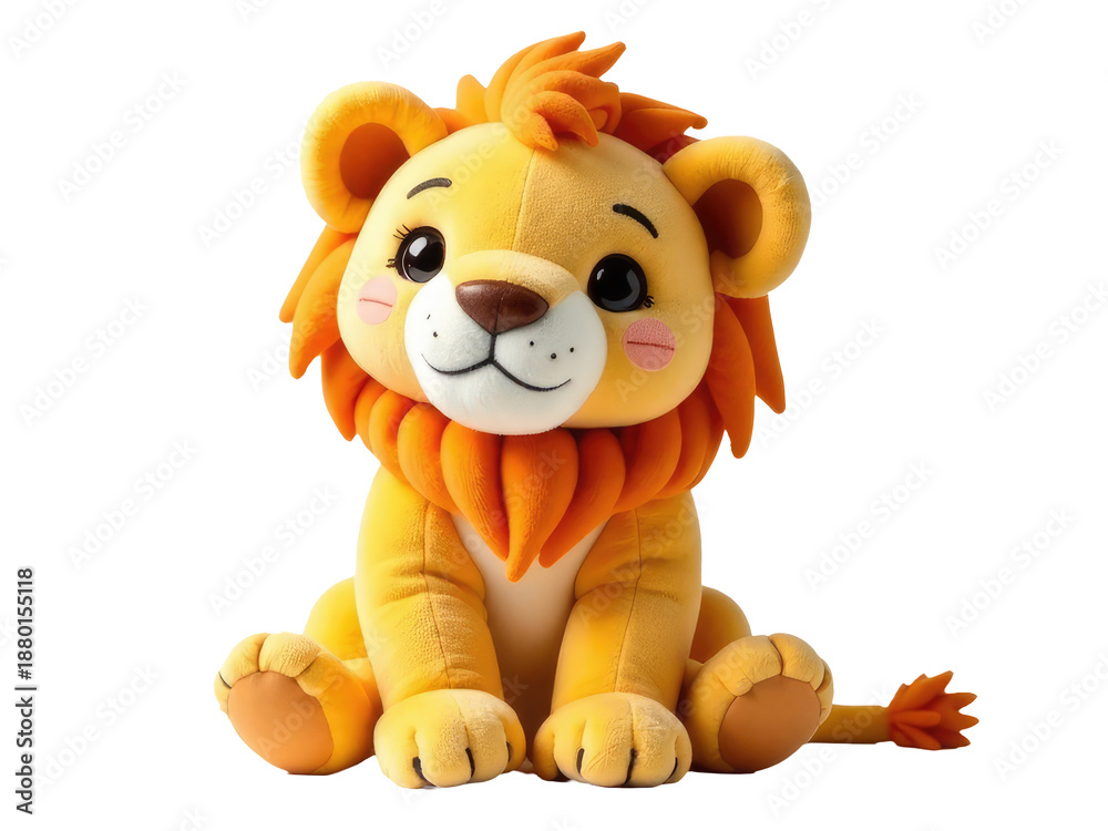Obraz premium A cuddly toy lion sits on a clean and simple white background, perfect for use in illustrations, designs, or as a prop