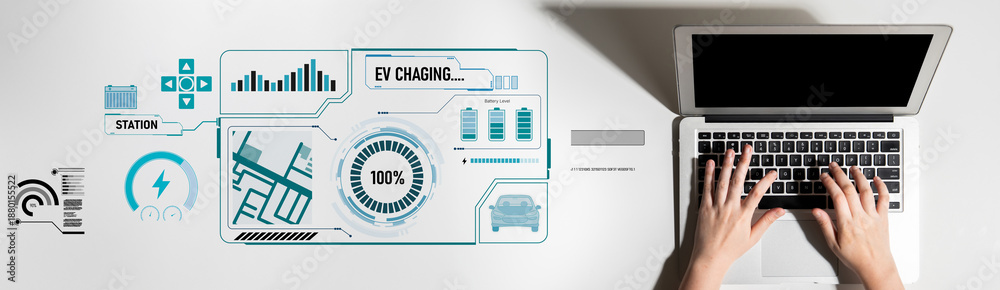 Fototapeta premium Charging interface for electric vehicles showing real-time battery level, charging status, power output, station location, and navigation for efficient energy management Latch