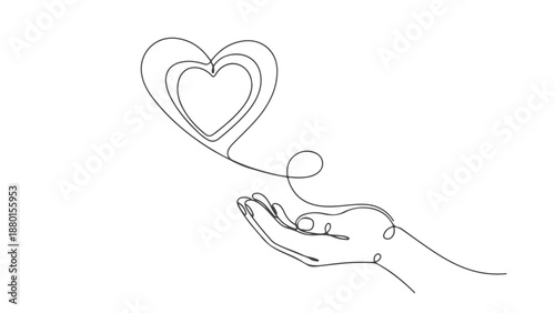 One line art continuous drawing of a hand holding a heart representing love and care, a minimalist design