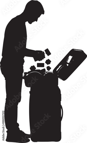Silhouette of a man packing or unpacking a large travel suitcase, vacation and trip preparation concept
