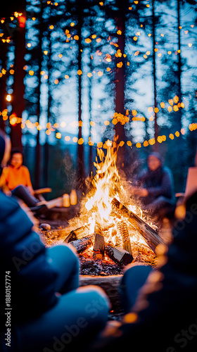 Cozy campfire glows in forest clearing at dusk, surrounded by silhouetted figures enjoying warmth, with enchanting fairy lights strung between trees creating magical ambiance for relaxing outdoor gath
