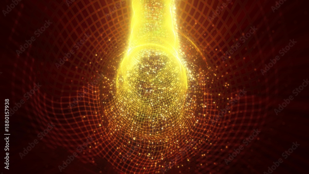 Fototapeta premium Abstract tunnel fire sunny futuristic from a square grid of lines and dots of particles of shiny hi-tech effect of the glow of the sun's rays and blur background